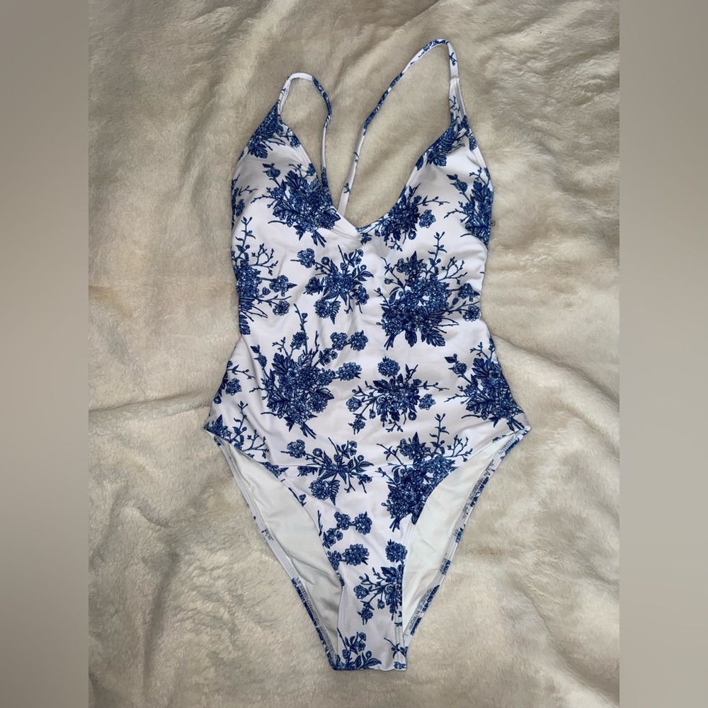NWT Berlook Blue Floral White one piece back cutout cheeky